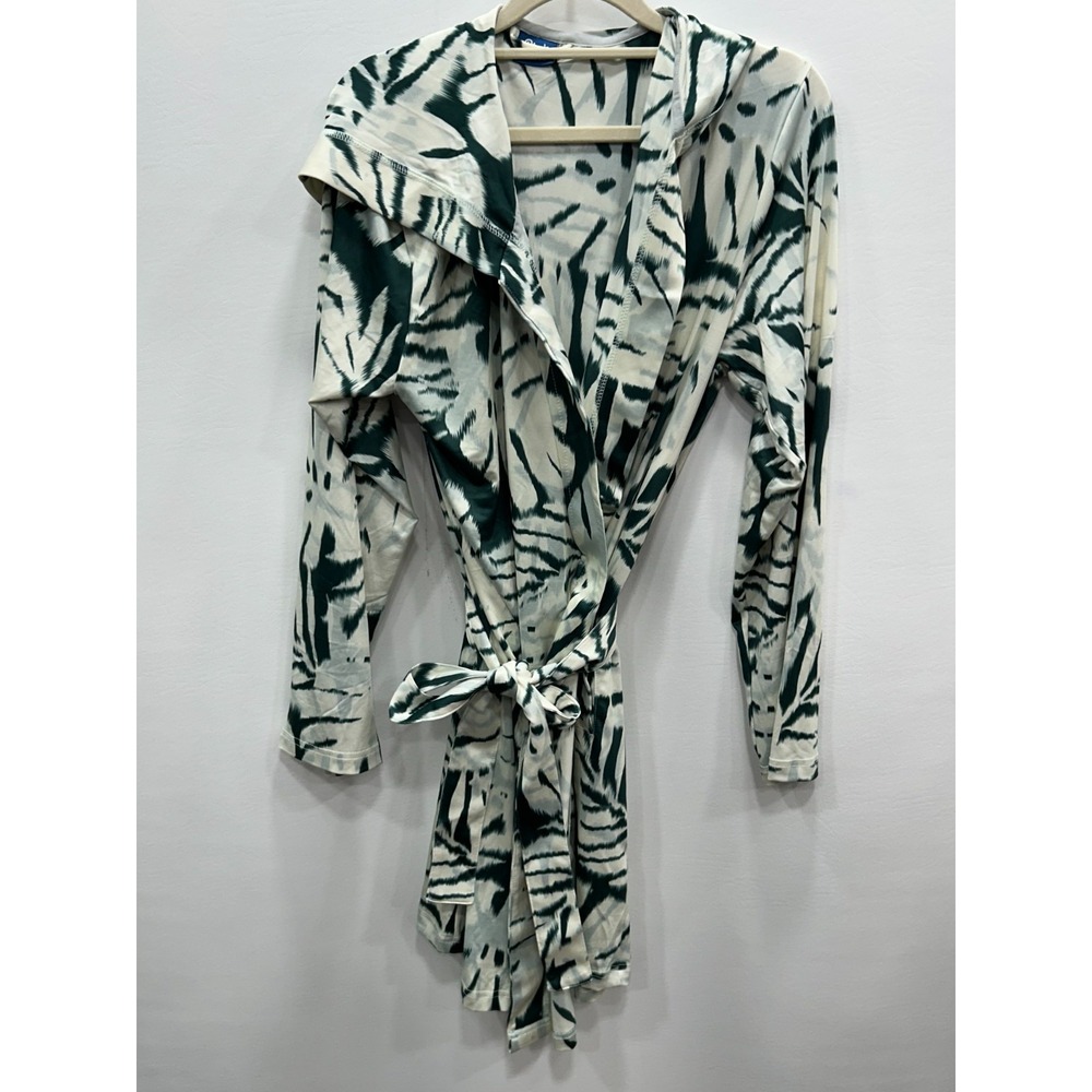 RipSkirt Hawaii Hooded Robe Womens M/L Green White Tropical Belted Cover Up